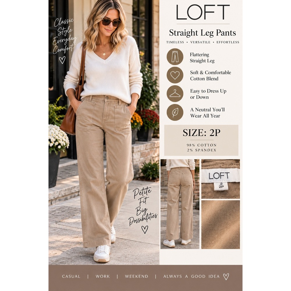 LOFT Womens Petite 2P Straight Leg Utility Pants Tan Khaki Cotton Blend Casual